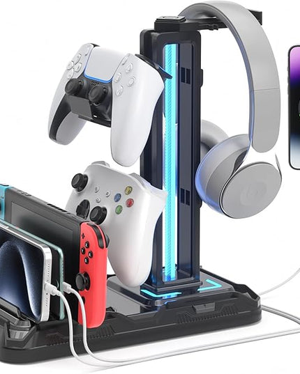 KDD Headset Stand with Charging Station - Detachable Controller Holder with 9 Light Modes - Rotatable Headphone Hanger with USB A&C Charger Ports - Earphone Hook for PC Gaming Accessories Storage