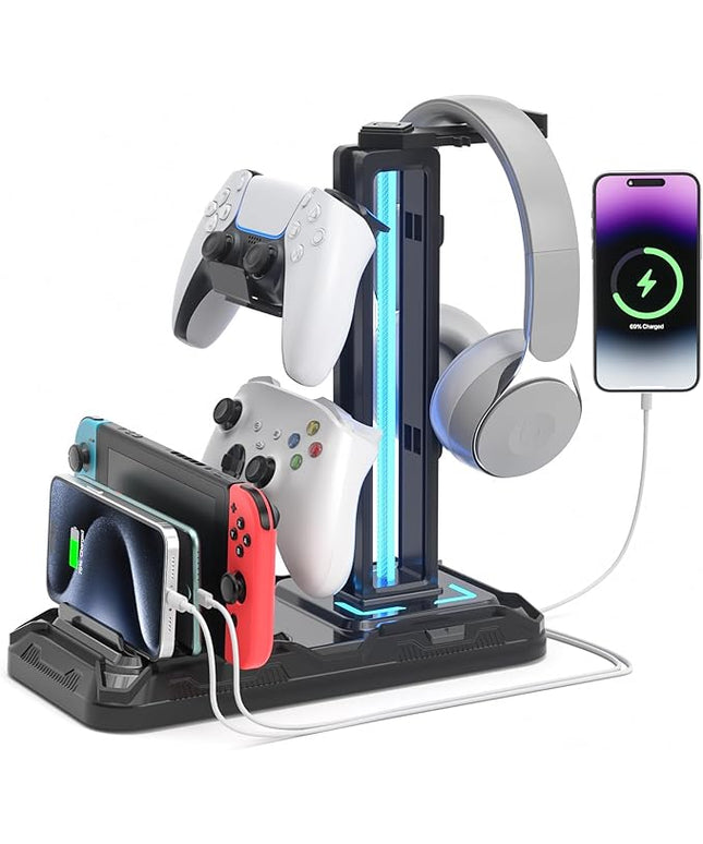 KDD Headset Stand with Charging Station - Detachable Controller Holder with 9 Light Modes - Rotatable Headphone Hanger with USB A&C Charger Ports - Earphone Hook for PC Gaming Accessories Storage