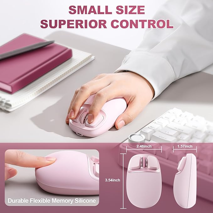 YUNZll C1 Silicone Wireless Mouse, Tri-Mode 2.4G/USB-C/Bluetooth Mouse, 4800 DPl Optical Tracking, 6 Adjustment Levels,Customize Mice for Laptop, Computer, iPad, MacBook (Pink)