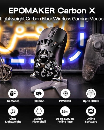 EPOMAKER Carbon X Wireless Gaming Mouse, 400 to 30,000 DPI Adjustable, PAW3950 Sensor, 50g Lightweight, Carbon Fiber Shell, 2.4G/BT/USB-C Rechargeable Wireless Mouse for PC/Mac/Linux (Matte Black)