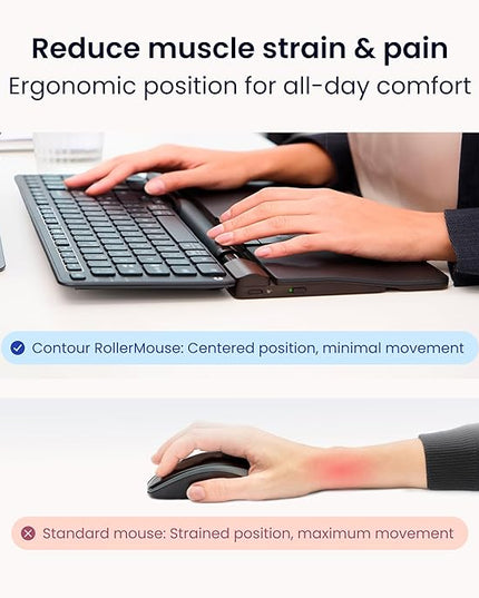 Contour RollerMouse Pro Ergonomic Central Rollerbar Design for Neck, Shoulder & Wrist Pain Relief, 6 Programmable Buttons, 600-2800 DPI, Productivity Plug & Play Mac & PC - Wireless - Extended
