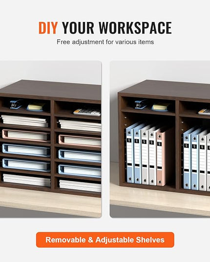 VEVOR Literature Organizers, 12 Compartments Office Mailbox with Adjustable Shelves, Wood Literature Sorter 20.4x12x16.1 inches for Office, Home, Classroom, Mailrooms Organization, EPA Certified Brown