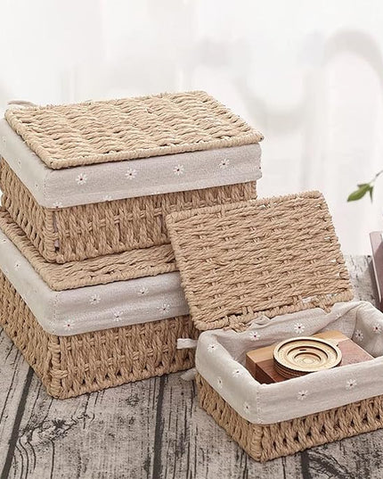 GIB Small Wicker Storage Baskets with Lids and Liner, Rectangular Paper Rope Woven Baskets for Organizing, Decorative Boxes Boho Decor for Shelves Table Desktop Makeup Organizer, Set of 3