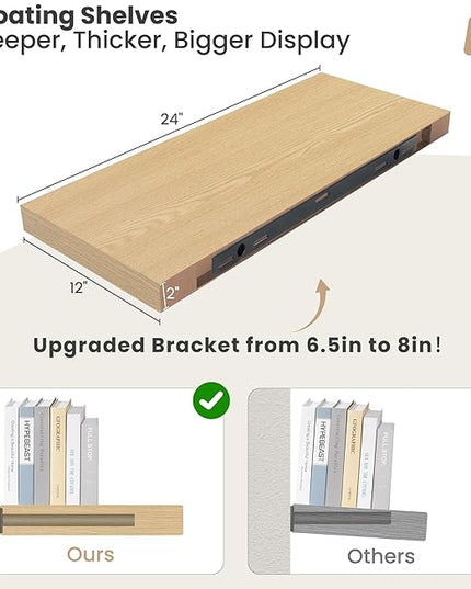 Heimlove 24 x 12 Inch Deep Floating Shelves Wall Mounted with Invisible Brackets,Storage Hanging Shelf for Wall Decor in Bathroom, Bedroom, Toilet, Kitchen, Living Room, Office Set of 2 (Oak)