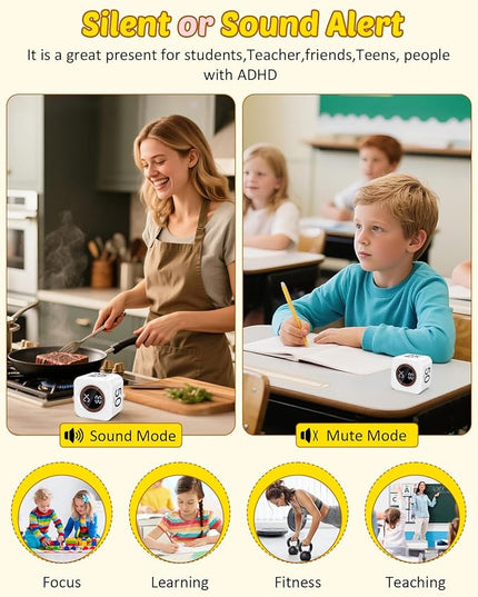 Digital Pomodoro Timer Cube 5/10/25/50min, Visual Productivity Flip Timer for Kids Classroom Desk, Custom Countdown, Silent and Sound Mode for ADHD Study Work Game Kitchen (White)