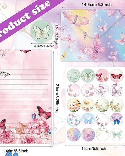 160 Pcs Stationery Paper Envelopes Set Includes 50 Lined Writing Paper & 50 Envelopes with 60 Colorful Round Dot Stickers, Cute Vintage Butterfly Letter Writing and Stationery Paper Envelopes(10Style)