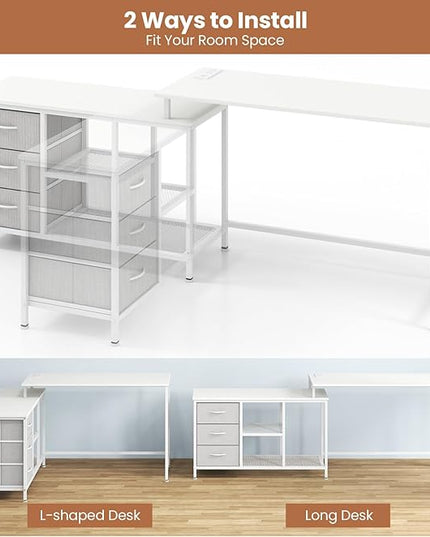 Tangkula 81 Inch L-Shaped Desk with Power Outlet, Convertible Corner Desk with Drawers & Shelves, Office Desk for Working, Studying, Gaming (White)