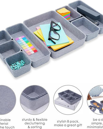 Welaxy Desk Drawer Organizer Tray, 8-Piece Felt Storage Drawer Dividers for Office & Home (Glacier gray)