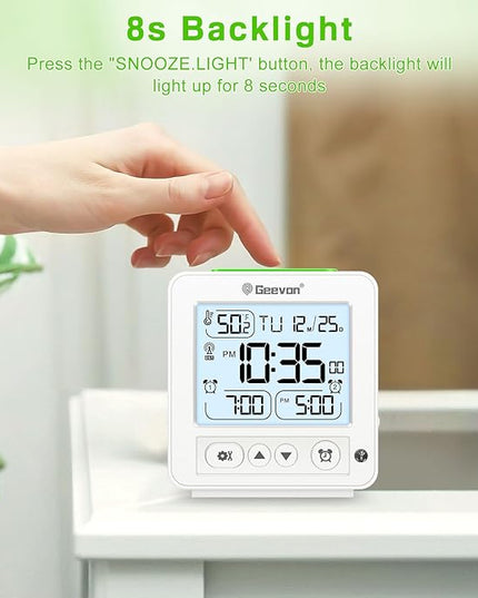 Geevon Small Digital Alarm Clock for Heavy Sleepers, Portable Travel Atomic Clock with Battery Powered, Compact Desk Table Clock with Auto Light Night, Dual Alarms, 8s Backlight for Bedroom, White