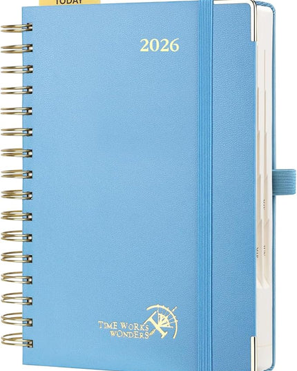 POPRUN 2026 Daily Planner One Page A Day - [8.5" x 5.75" Wire-Bound Hard Cover] Agenda 2026 Hourly Appointment Book with Monthly Calendar, Inner Pocket, Ivory Paper - Haze Blue
