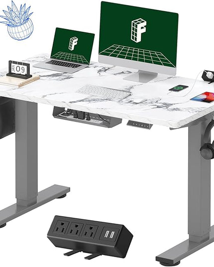 FLEXISPOT EN2 Whole-Piece Standing Desk with Clamp Power Strip, 48 x 24'' Electric Stand Up Height Adjustable Desk with Cable Management (Gray Frame + 48" Marble Gray, 2 Packages)