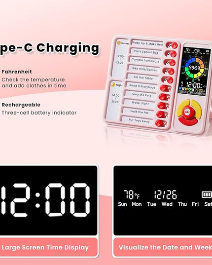ADHD Tool for Kids, 5-in-1 Visual Timer with Chore Chart Board, Visual Schedule for Kids, 12/24 Task Timer with 99'59'' Countdown/Countup, 5 Alarms, Silent Operation Visual Schedule for Autism - Pink