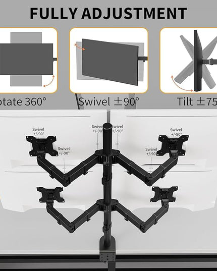 Quad Monitor Desk Mount Heavy Duty Adjustable Monitor Stand for 13"-27" Screen,Computer Mount for Desk Holds Up to 22lbs with C Clamp/Grommet Base