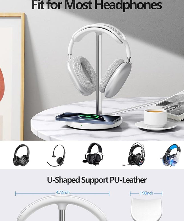 Miroddi Headphone Stand with Wireless Charger, Independent USB Charging Port, 5 in 1 Charging Station Headset Holder Rack for AirPods Max/Pro/4/3/2, iWatch, iPhone, Samsung and Desk Headphones, White