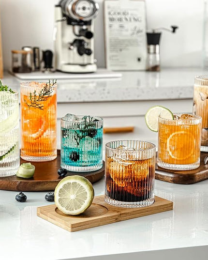 Set of 8 Ribbed Glassware, 4 Large Glasses 13 oz, 4 Rocks Glass Cups 10 oz