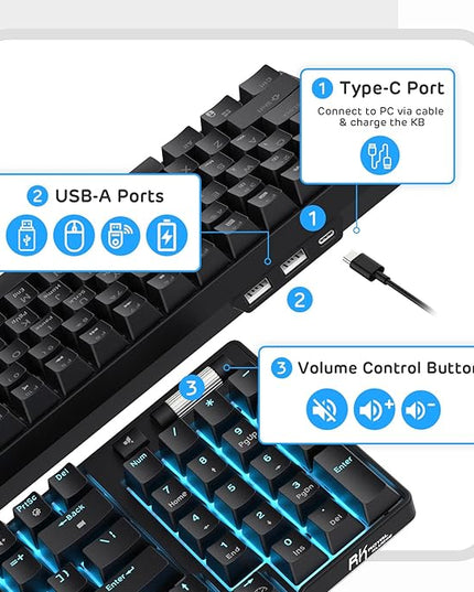 RK ROYAL KLUDGE RK96 90% 96 Keys BT5.0/2.4G/USB-C Hot Swappable Mechanical Keyboard, Wireless Mechanical Keyboard with Magnetic Wrist Rest, Blue Backlight (Blue Switch)
