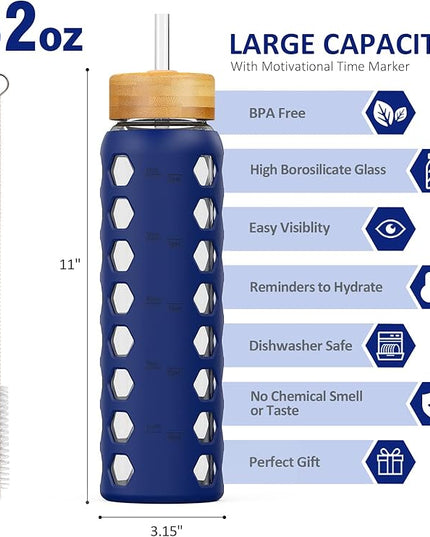 MUKOKO 32oz Glass Water Bottles with 2 Lids-Handle Spout Lid&Bamboo Straw Lid, Motivational Water Tumbler with Time Marker Reminder and Silicone Sleeve, Leakproof-Blue-1 Pack