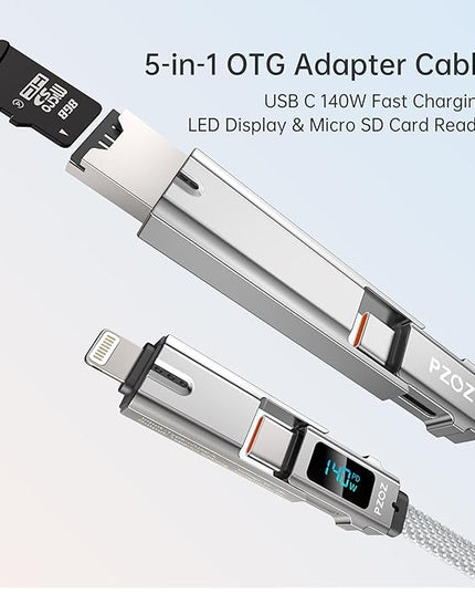 PZOZ Portable Keychain 5-in-1 OTG Cable with USB C Fast Charging LED Display and Micro SD/TF Card Reader, Multi USBC Charger Combo Lightning/Type C/USB A for iPhone iPad MacBook Samsung-140W 7.3 inch