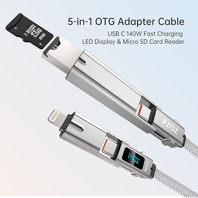 PZOZ Portable Keychain 5-in-1 OTG Cable with USB C Fast Charging LED Display and Micro SD/TF Card Reader, Multi USBC Charger Combo Lightning/Type C/USB A for iPhone iPad MacBook Samsung-140W 7.3 inch