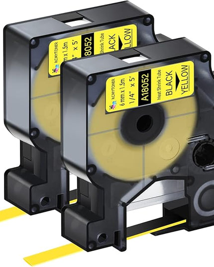 2 Pack Compatible for Dymo 18052 6mm Black on Yellow Heat Shrink Tubing 1/4" Industrial Label Maker Label Tape for Rhino 1000 3000 4200 5000 5200 6000 LabelManager 450 Duo LabelWriter
