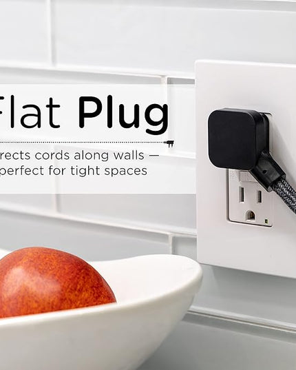 Cordinate Designer Mini 3-Outlet Power Strip, 18 in Braided Extension Cord, Grounded Adapter, Low-Profile Flat Plug, ETL Listed, Black/Dark Heather, 47298