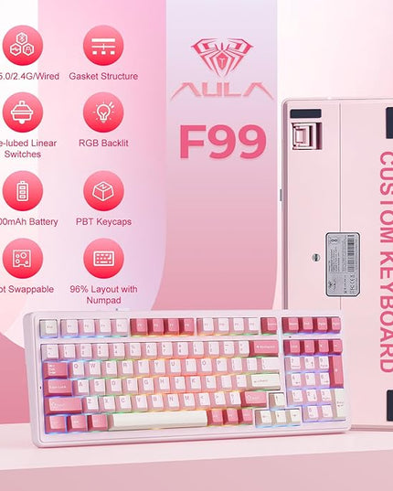 Aula F99 Mechanical Keyboard Pink, Wireless Gaming Keyboards Hot Swappable Custom Creamy Computer Keyboard, Full Size, Tri-Mode BT5.0/2.4GHz/USB-C,RGB Backlit,Gasket Structure,Strawberry Mint Switch