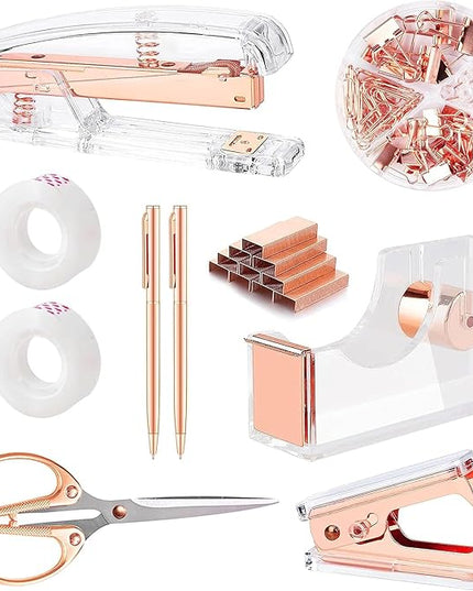 suniya Office Supplies,Desk Accessories,with Stapler,Tape Dispenser,Staple Remover,Scissor,Ballpoint Pen,Clear Tape,Staples,Binder,Best Gift Set(Rose Gold)