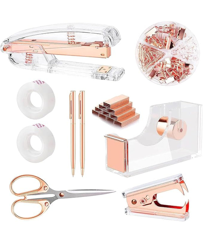 suniya Office Supplies,Desk Accessories,with Stapler,Tape Dispenser,Staple Remover,Scissor,Ballpoint Pen,Clear Tape,Staples,Binder,Best Gift Set(Rose Gold)