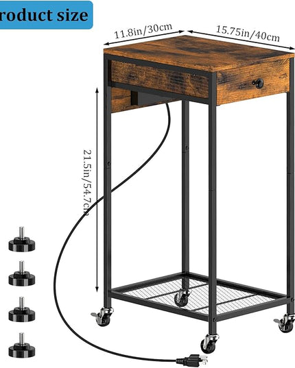 SEHERTIWY 2 Tier Computer Tower Stand, Adjustable Printer Stand with Charge Station and USB Charging Port, PC Tower Stand CPU Holder Cart with Wheels for Home Office Fax, Brown