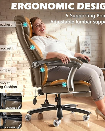 600LBS Reclining Heavy Duty Office Chair with Foot Rest, Big and Tall Office Chair with Pocket Spring Cushion, Large High Back with Adjustable Lumbar Support,Dual Rubber Wheel