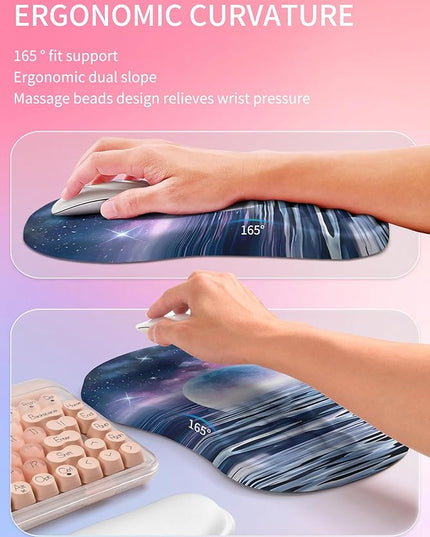 Hokafenle 2in1 Combination, Wave Keyboard Wrist Rest and Ergonomic Curvature Mouse Pad Wrist Support for Relieve Wrist Pain, Filled with Soft Cushion Memory Foam, Moonlit Starry Sea