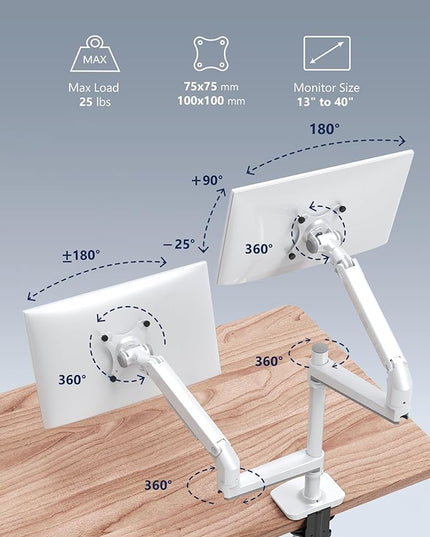 Aluminum Dual Monitor Arm, Long-Lasting Mechanical Spring Monitor Desk Mount, Height Adjustable White Monitor Stand for 2 Screens Up to 40 inch, VESA 75/100mm, C-Clamp/Grommet Base