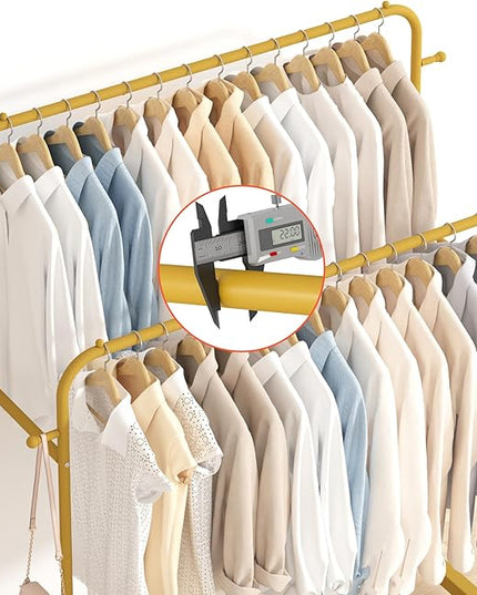 Laiensia Double Rods Garment Rack with Wheels, Clothing Rack for Hanging Clothes,4 Hooks, Multi-functional Bedroom Clothes Rack, Gold