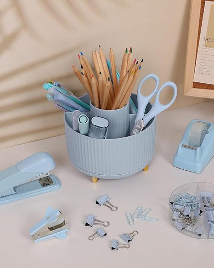 SKYDUE Desk Organizers and Accessories 10Pcs, 360-Degree Rotating Pen Holder, Stapler, Staple Remover, Tape Dispenser,2pcs Tape Refills, Binder Paper Clips Kit, Scissor (Blue)