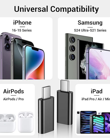 Temdan 4 Pack Lightning to USB C Adapter for iPhone 15/16 Pro/16 Pro Max/Plus,Samsung S25/S24,USB C Charger Connector Cable,for iPhone 16/15 Charger,16/15 Accessories - Black(Not for Audio/OTG)