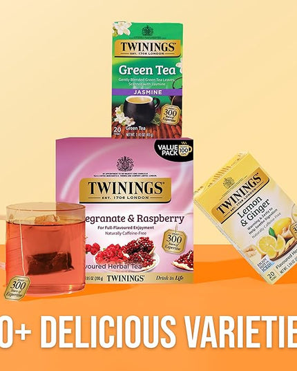 Twinings Pomegranate & Raspberry Herbal Tea Individually Wrapped Bags, 100 Count (Pack of 1), Naturally Caffeine-Free, Enjoy Hot or Iced, 100 Teabags