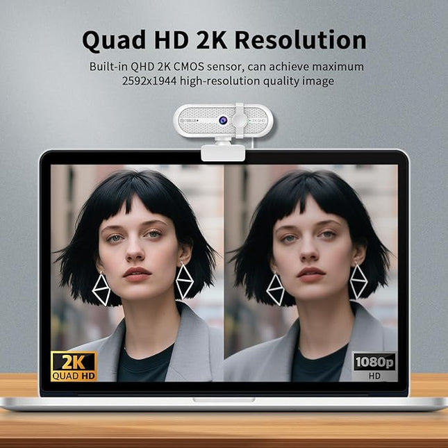 TOALLIN 2K Webcam for Streaming, 5 Million Pixels, Built-in Mic, FOV 90° Webcam with Tripod and Privacy Cover, USB Computer Camera for Laptop, Live-Streaming, Gaming, Video Calls