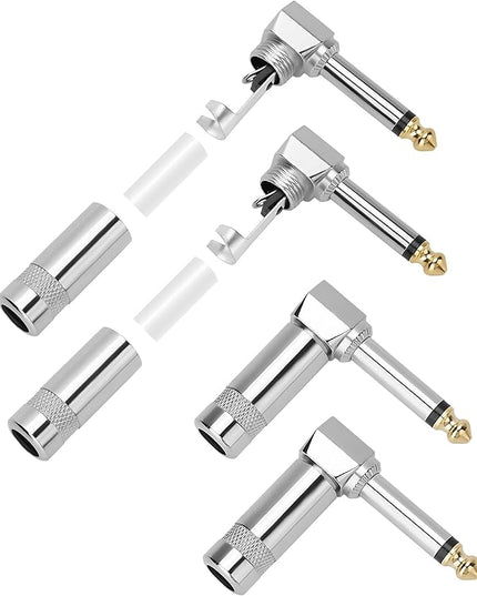 Togconn Right Angle 6.35mm 1/4 Inch TS Mono Plug 4 Pack, 90 Degree 1/4" Solder Type DIY Audio Cable Adapter Connector, Metal Housing for Guitar/Speaker/Microphone Audio Cable Repair Replacement