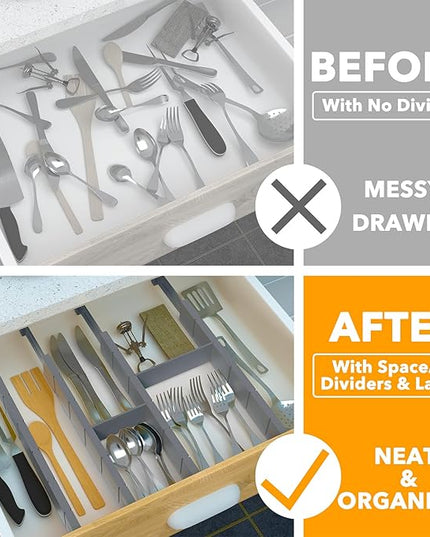 SpaceAid Bamboo Drawer Dividers with Inserts and Labels, Kitchen Adjustable Drawer Organizers, Expandable Organization for Home, Office, Dressers, 4 Dividers with 9 Inserts (17"-22" Gray)