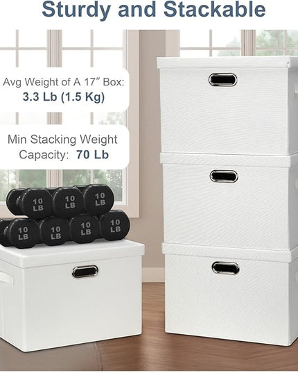 Large 17" 36 Quart Collapsible Stackable Storage Bins with Lids, 1 Pack White Foldable Fabric Closet Storage Boxes with Lids, 4 Handles Heavy-duty Linen Cube Baskets for Bedroom