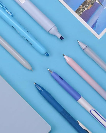 WRITECH Gel Pens Journaling Highlighters: Journal Set Aesthetic Assorted Pastel Color Ink 0.5mm Fine Point Retractable 0.7mm Black Pen Smooth Writing Drawing No Bleed 7ct (Blue)