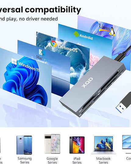 10Gbps XQD Card Reader 8 in 1 Multi-Card Reader USB C for Sony G/M Series, Lexar 2933x/1400x USB Mark XQD Card/CF/XD/MS/TF/SD Memory Card Reader/Writer/Hub USB 3.2 for Windows/Linux/Mac OS/Android
