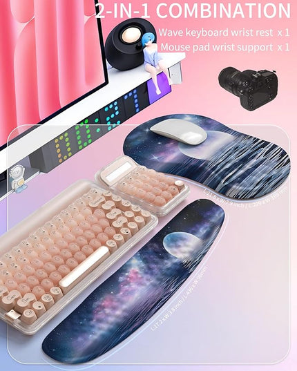 Hokafenle 2in1 Combination, Wave Keyboard Wrist Rest and Ergonomic Curvature Mouse Pad Wrist Support for Relieve Wrist Pain, Filled with Soft Cushion Memory Foam, Moonlit Starry Sea