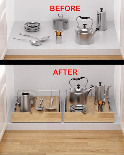 Sikarou Pull Out Cabinet Organizer,Heavy-Duty Slide Out Shelf, Wood And Wire Basket, Pull Out Drawer for for Kitchen Under Sink Space, Pantry, Bathroom (26 * 21 WM)