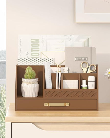 Wisuce Essentials Bamboo Desk Organizer with Drawers, Mail Organizer Countertop Wood Desk Drawer Tabletop Storage Organization Pen Holder Letter Sorter Makeup Organizer for School Home Office (Brown)