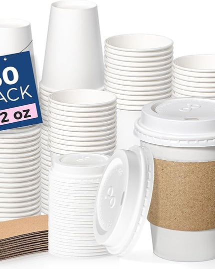 Fit Meal Prep 50 Pack 12 oz Disposable Coffee Cups with Lids, Sleeves, Leak-Proof To Go Coffee Cups with Lids, Durable Hot Paper Cups for Home, Office, Party, Business