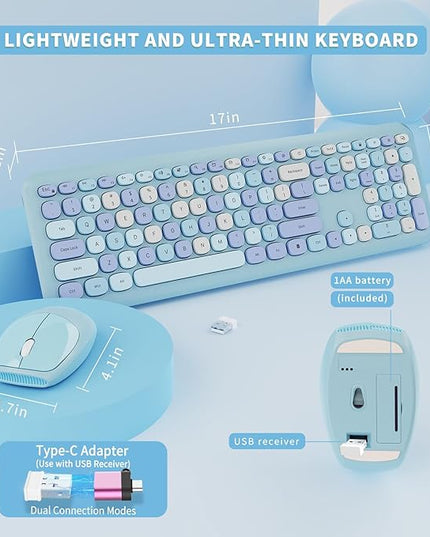 Wireless Keyboard and Mouse Combo, Colorful Ergonomic Full Size Retro Low-Noise Keyboard with Cute keycaps, Compatible with Windows, PC, Perfer for Home and Office Keyboards (Blue)