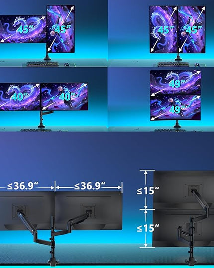 WALI Dual Monitor Mount for Ultrawide Heavy Duty Curved Monitor Stacking, Dual Monitor Arm Fits 17-49 Inch for Ultrawide Screens up to 44lbs, 49 inch Monitor Arm, Black