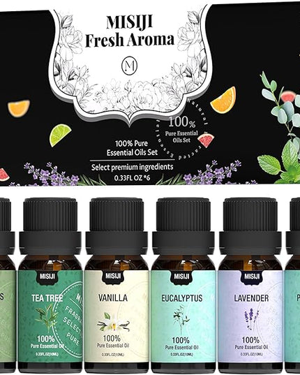 MISIJI Essential Oils Set Top 6 Aromatherapy-Essential Oils for Diffuser for Home,Air Freshening Diffuser Oils Scents for Aromatherapy,Laundry,Candle&Soap Making,Humidifiers 6 X 10ML
