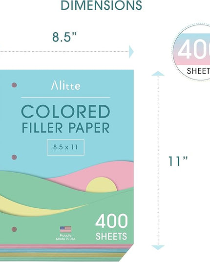 Colored Loose Leaf Paper, Wide Ruled, 400 Sheets (100/Pack) Filler Paper for Writing Notes - School, College, Office - 3 Hole-Punch Lined Sheets for Ring Binders, Pocket Folders - 8 x 10.5